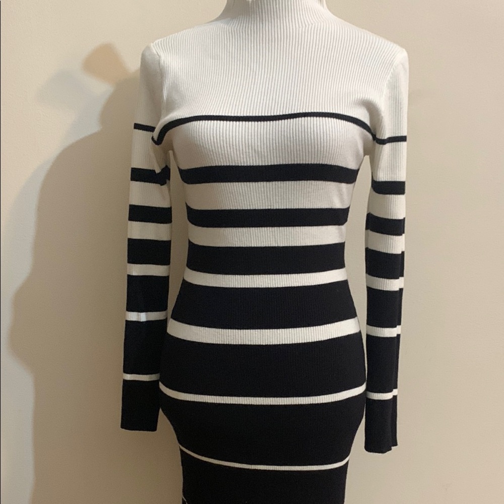 Forever 21 White and Black Mock Neck Long Sleeve Dress